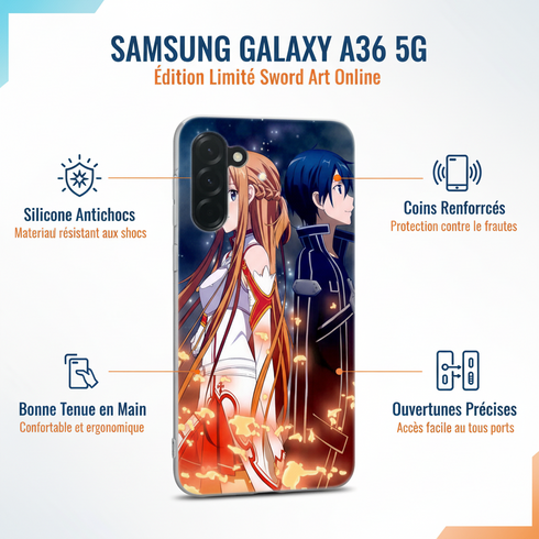 Une idée cadeau femme originale et tendance à moins de 30€ avec la coque renforcée pour Samsung a36 5G sword art online, en silicone