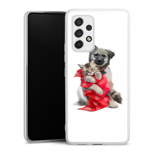 Coque Samsung a53 5G chien et chat style Pluffy cat avec Bandana Rouge