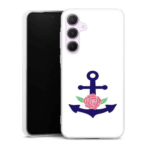Coque Samsung A55 5G ancre florale bleu marine et rose