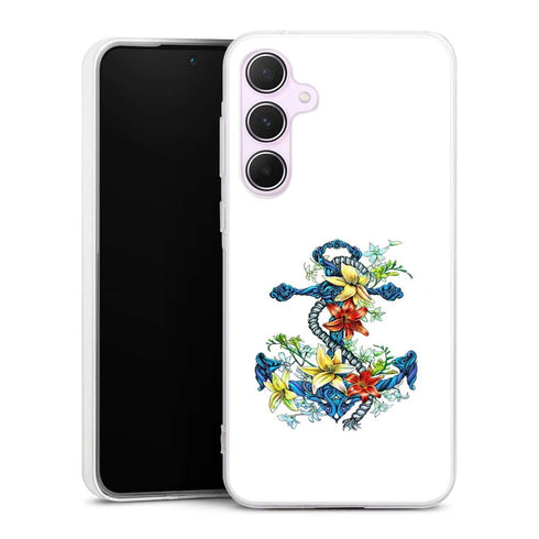 Coque Samsung A55 5G ancre bleu avec illustration de lis du jour