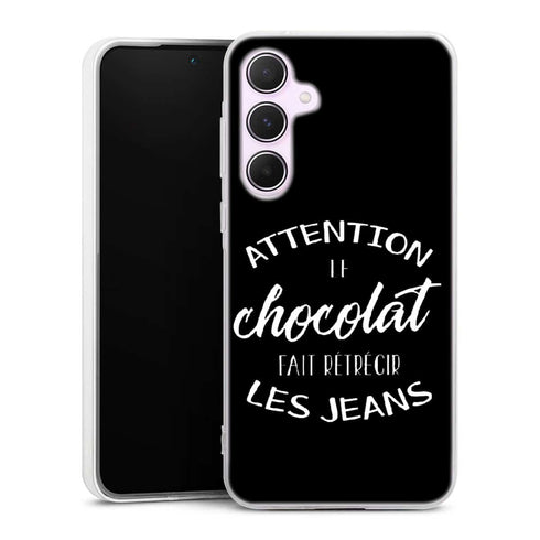 Coque Samsung A55 5g Attention le Chocolat fait retrecir les jeans