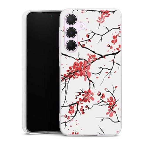 Coque Samsung A55 5G fleurs de cerisier orientales blanches et rouges