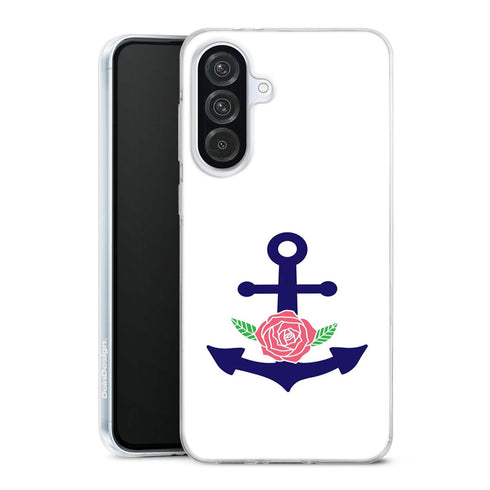 Coque Samsung Galaxy A56 5G ancre florale bleu marine et rose | Housse silicone, antichocs, protection optimale - Motif floral