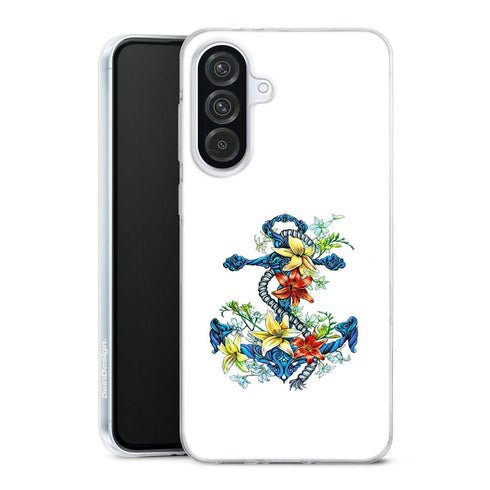 Coque Samsung Galaxy A56 5G ancre bleu avec illustration de lis du jour | Housse silicone, antichocs, protection optimale - Motif floral