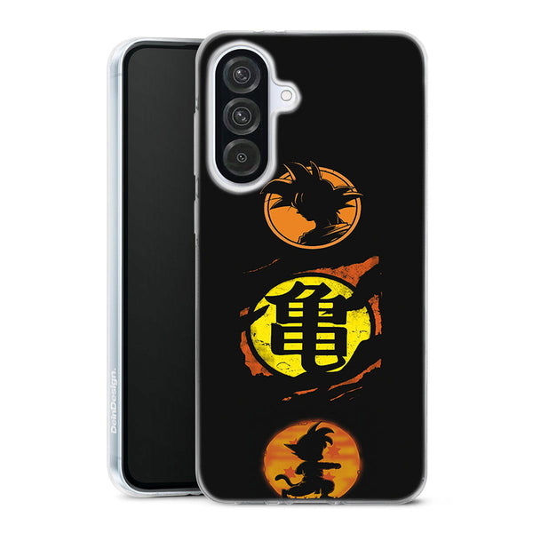 coque samsung A56 5G Sangoku Story, affichez le style Manga Dragon Ball avec cette coque protection de silicone souple noire et orange, a clippez sur le téléphone portable, formidable idée pour un cadeau d'ado, en livraison 48h partout en France.