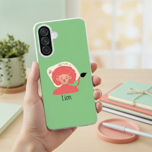 coque téléphone antichoc pas chère personnalisée signe astro Lion pour tel portable Samsung Galaxy a56 5g, colori vert Kaki