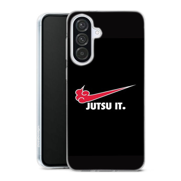 coque samsung A56 5G Nike Naruto Jutsu it, coque téléphone souple en silicone renforcé dans les angles de couleur noir et rouge, logo Akatsuki Manga Jujutsu Kaisen