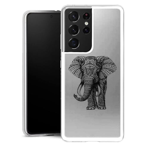 Coque Samsung Galaxy S21 Noir dessin Blanc Elephant - MaCoquePerso