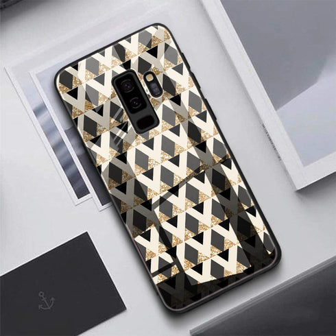 Coque anti chocs verre Trempé pour Galaxy S9 Glitter Triangles in gold Back And Nude