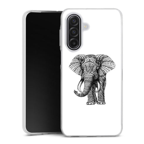 Coque Samsung Galaxy A17 5G Noir dessin Blanc Elephant | Housse Antichoc Silicone Souple, Ultra Fine, Protection intégrale, Motif Animaux