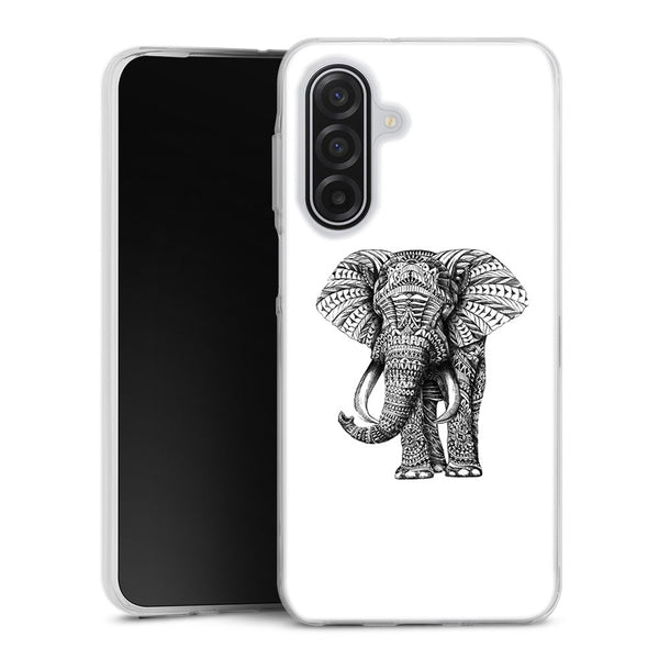 Coque Samsung Galaxy A17 5G Noir dessin Blanc Elephant | Housse Antichoc Silicone Souple, Ultra Fine, Protection intégrale, Motif Animaux