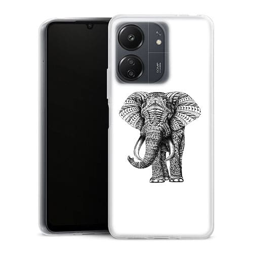 Coque Xiaomi Redmi 13C Noir dessin Blanc Elephant