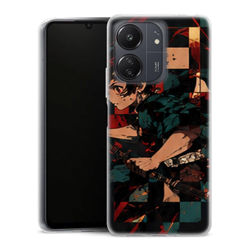 Coque Xiaomi Redmi 13C Tanjiro Kamado Damier Rouge Noir Demon Slayer - MaCoquePerso