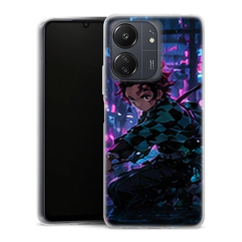 Coque Xiaomi Redmi 13C Tanjiro Kamado Ville Neon Katana Demon Slayer - MaCoquePerso