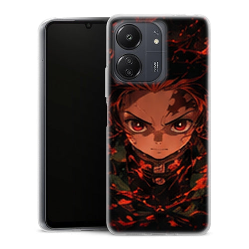 Coque Xiaomi Redmi 13C Tanjiro Kamado Portrait Feu Noir Demon Slayer - MaCoquePerso