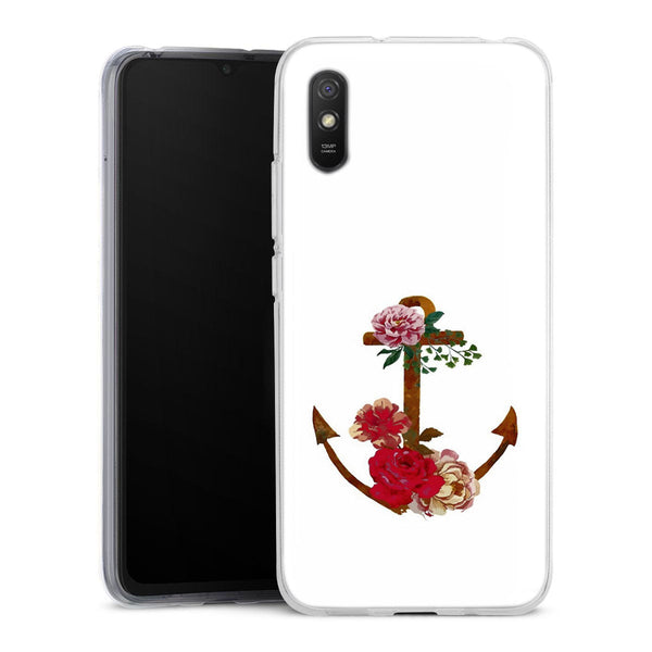 Coque Xiaomi Redmi 9A ancre florale fleurs roses et rouges | Housse silicone, antichocs, protection optimale - Motif floral