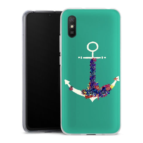Coque Xiaomi Redmi 9A ancre florale turquoise | Housse silicone, antichocs, protection optimale - Motif floral