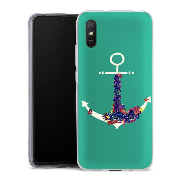 Coque Xiaomi Redmi 9A ancre florale turquoise | Housse silicone, antichocs, protection optimale - Motif floral