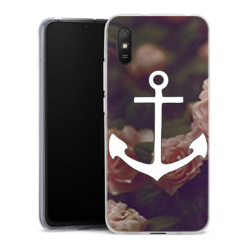 Coque Xiaomi Redmi 9A ancre florale fond de roses | Housse silicone, antichocs, protection optimale - Motif floral