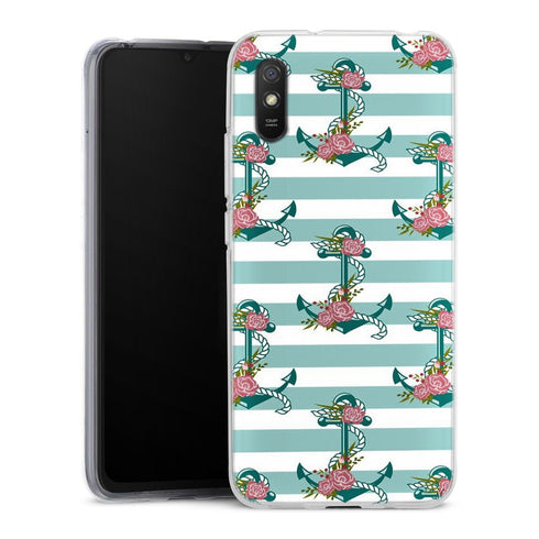 Coque Xiaomi Redmi 9A ancres et fleurs | Housse silicone, antichocs, protection optimale - Motif floral