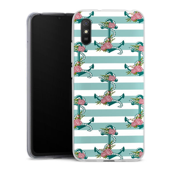 Coque Xiaomi Redmi 9A ancres et fleurs | Housse silicone, antichocs, protection optimale - Motif floral