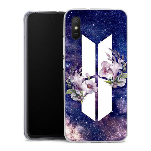 Coque Xiaomi Redmi 9A BTS Army galaxy fleurs | Housse silicone, antichocs, protection optimale - Motif floral