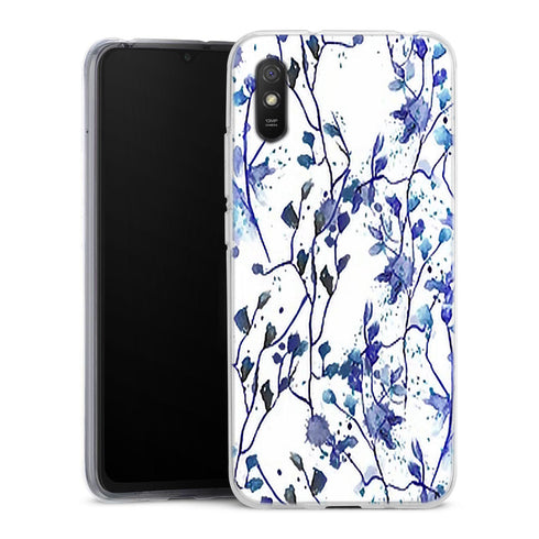 Coque Xiaomi Redmi 9A Branches Bleues | Housse silicone, antichocs, protection optimale - Motif floral