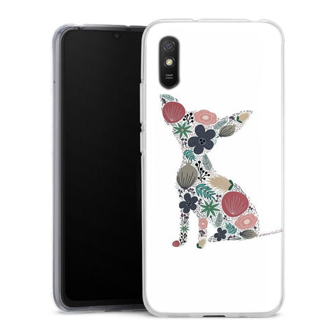 Coque Xiaomi Redmi 9A Chihuahua floral | Housse silicone, antichocs, protection optimale - Motif floral Chiot