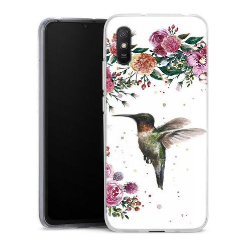 Coque Xiaomi Redmi 9A Colibri et fleurs aquarelle | Housse silicone, antichocs, protection optimale - Motif floral