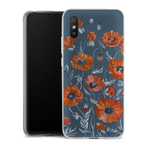 Coque Xiaomi Redmi 9A Coquelicots floral botanical art | Housse silicone, antichocs, protection optimale - Motif floral Rouge