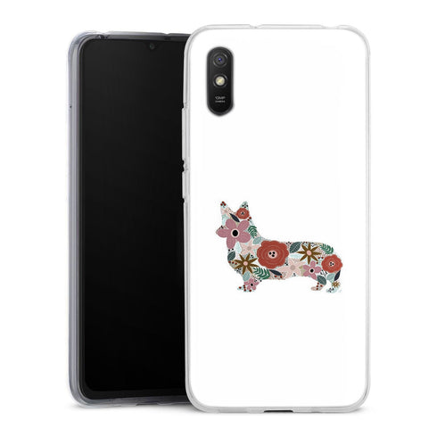Coque Xiaomi Redmi 9A floral corgi | Housse silicone, antichocs, protection optimale - Motif floral race de Chien