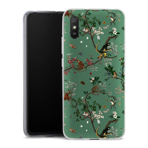 Coque Xiaomi Redmi 9A Monde des singes vert | Housse silicone, antichocs, protection optimale - Motif floral