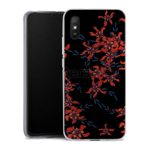 Coque Xiaomi Redmi 9A Rouge en Noir | Housse silicone, antichocs, protection optimale - Motif floral