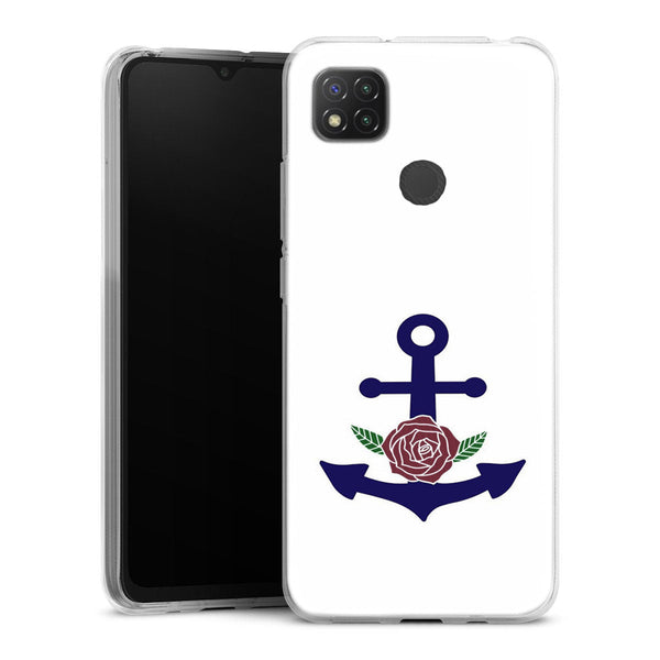 Coque Xiaomi Redmi 9C ancre florale bleu marine et rose | Housse silicone, antichocs, protection optimale - Motif floral