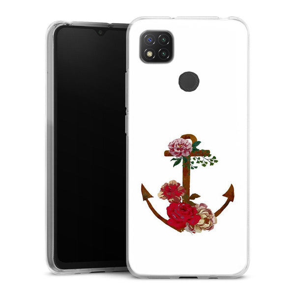 Coque Xiaomi Redmi 9C ancre florale fleurs roses et rouges | Housse silicone, antichocs, protection optimale - Motif floral