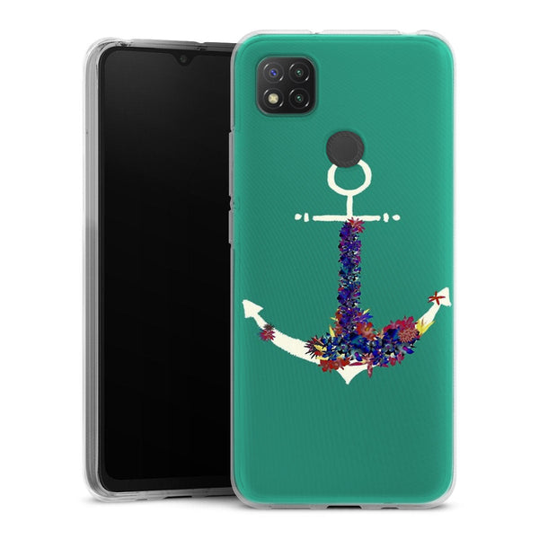 Coque Xiaomi Redmi 9C ancre florale turquoise | Housse silicone, antichocs, protection optimale - Motif floral