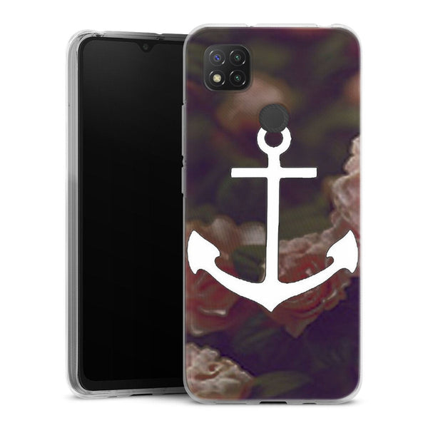 Coque Xiaomi Redmi 9C ancre florale fond de roses | Housse silicone, antichocs, protection optimale - Motif floral
