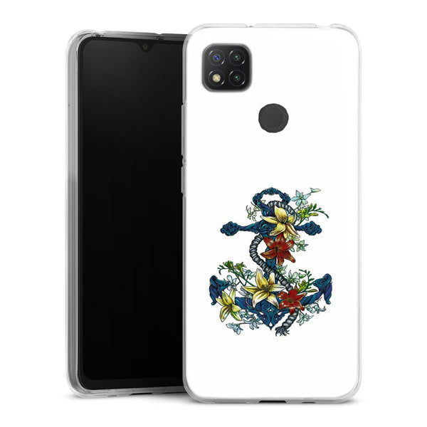 Coque Xiaomi Redmi 9C ancre bleu avec illustration de lis du jour | Housse silicone, antichocs, protection optimale - Motif floral