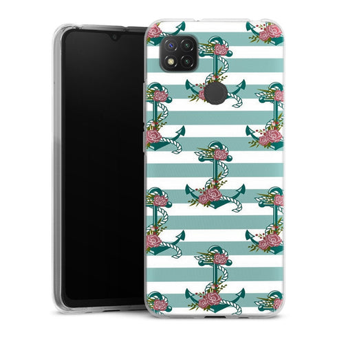 Coque Xiaomi Redmi 9C ancres et fleurs | Housse silicone, antichocs, protection optimale - Motif floral