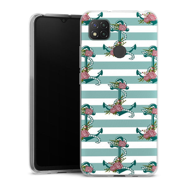 Coque Xiaomi Redmi 9C ancres et fleurs | Housse silicone, antichocs, protection optimale - Motif floral