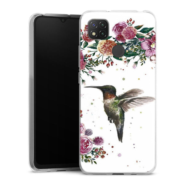 Coque Xiaomi Redmi 9C Colibri et fleurs aquarelle | Housse silicone, antichocs, protection optimale - Motif floral