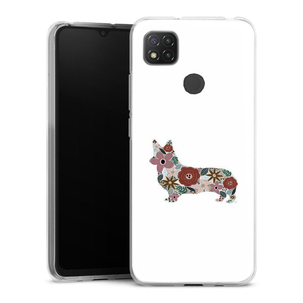 Coque Xiaomi Redmi 9C floral corgi | Housse silicone, antichocs, protection optimale - Motif floral race de Chien