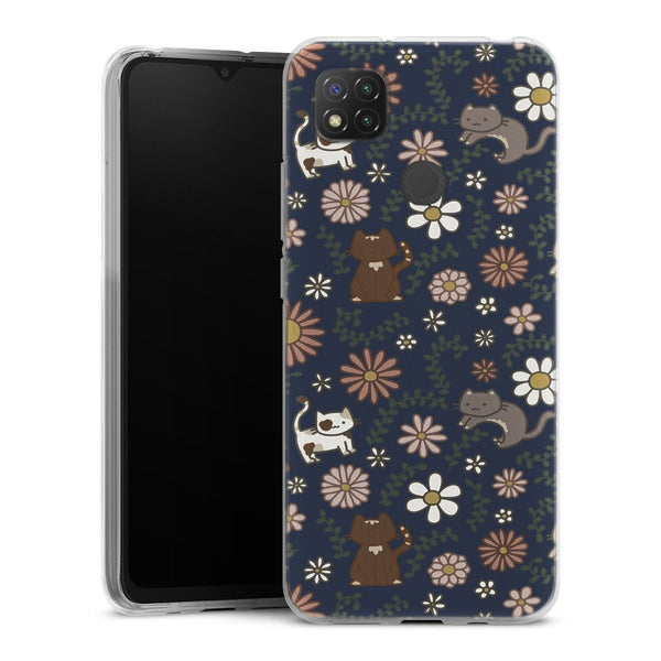 Coque Xiaomi Redmi 9C Floral meower marine | Housse silicone, antichocs, protection optimale - Motif floral