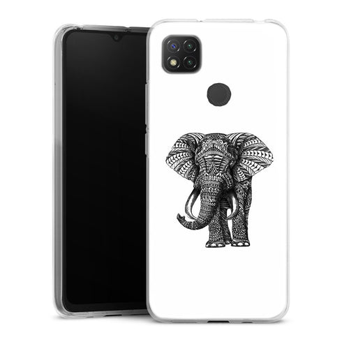 Coque Xiaomi Redmi 9C Noir dessin Blanc Elephant