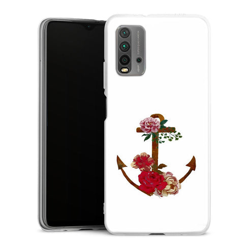 Coque Xiaomi Redmi 9T ancre florale fleurs roses et rouges | Housse silicone, antichocs, protection optimale - Motif floral