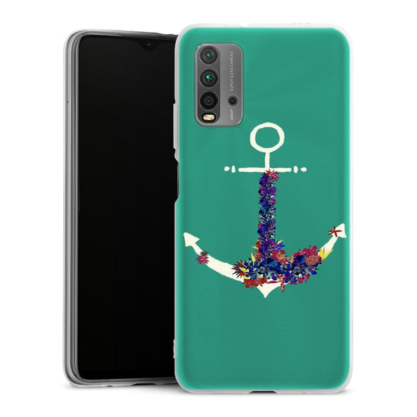 Coque Xiaomi Redmi 9T ancre florale turquoise | Housse silicone, antichocs, protection optimale - Motif floral
