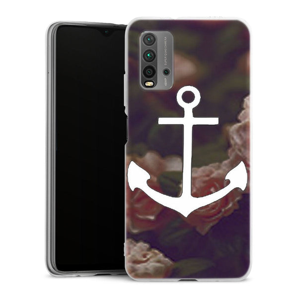 Coque Xiaomi Redmi 9T ancre florale fond de roses | Housse silicone, antichocs, protection optimale - Motif floral