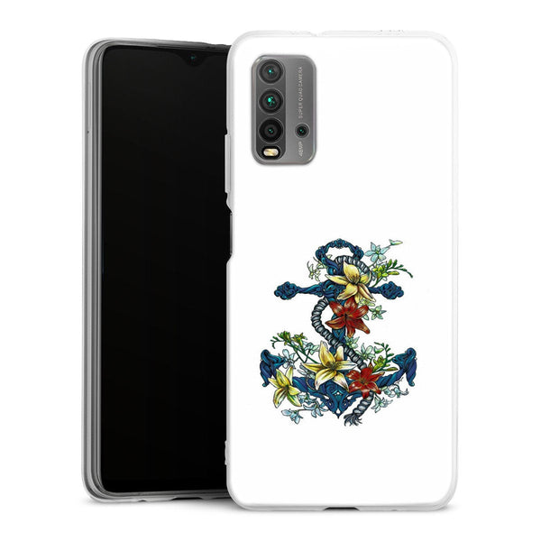 Coque Xiaomi Redmi 9T ancre bleu avec illustration de lis du jour | Housse silicone, antichocs, protection optimale - Motif floral