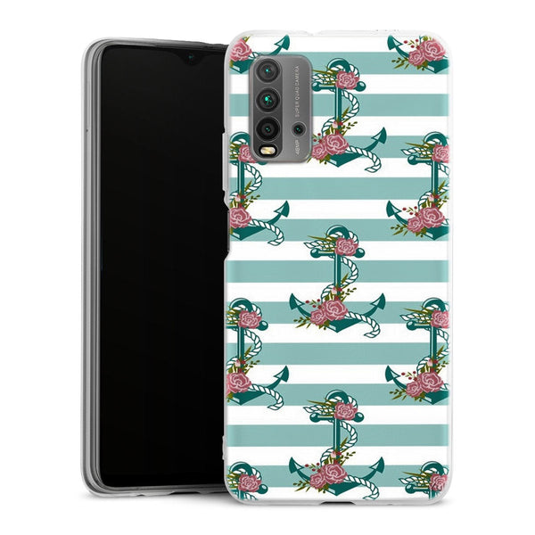 Coque Xiaomi Redmi 9T ancres et fleurs | Housse silicone, antichocs, protection optimale - Motif floral