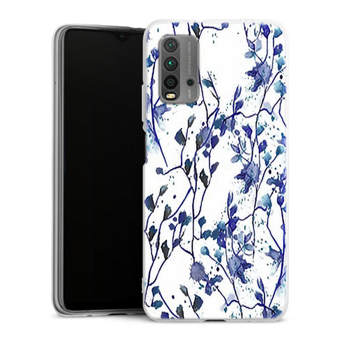 Coque Xiaomi Redmi 9T Branches Bleues | Housse silicone, antichocs, protection optimale - Motif floral